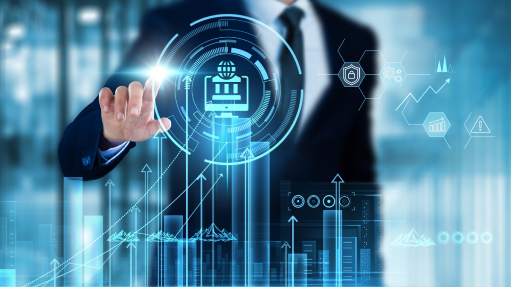 Profissional interagindo com interface digital de dados e gráficos, representando o uso de inteligência artificial na gestão pública para análise estratégica, automação de processos e tomada de decisão segura em consultoria especializada.