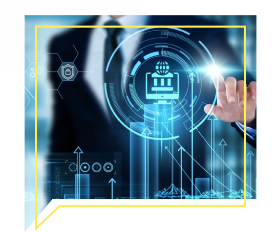 Ilustração de profissional interagindo com interface digital futurista com gráficos e ícones tecnológicos, simbolizando o uso de inteligência artificial na gestão pública para análise de dados, automação e tomada de decisão estratégica.